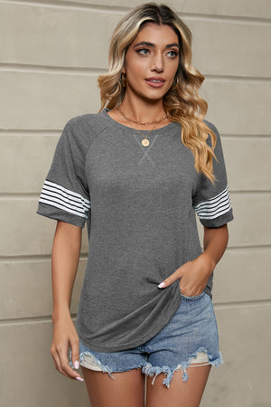 Dark Gray raglan sleeve tee with white varsity stripes on sleeves and contrast stitching.