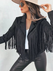 Black fringe open front cropped jacket with lapels and long sleeves.