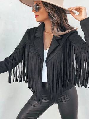 Black fringe open front cropped jacket with lapels and long sleeves.