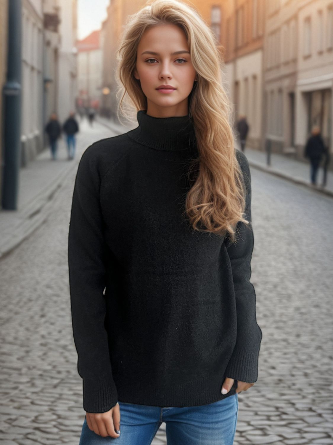 Black relaxed raglan turtleneck knit sweater with ribbed cuffs and hem.