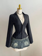 Striped Long Sleeve Fitted Blouse, model styling view