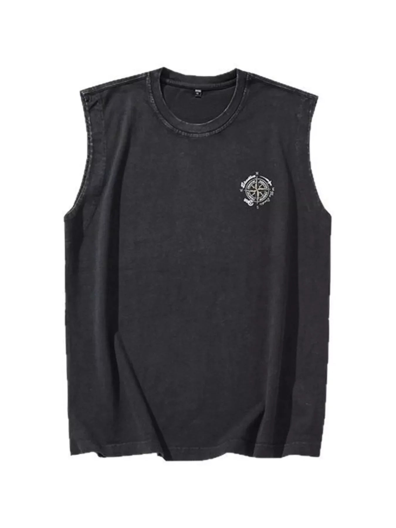 Black oversized cotton tank top with round neck and compass graphic