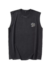 Black oversized cotton tank top with round neck and compass graphic