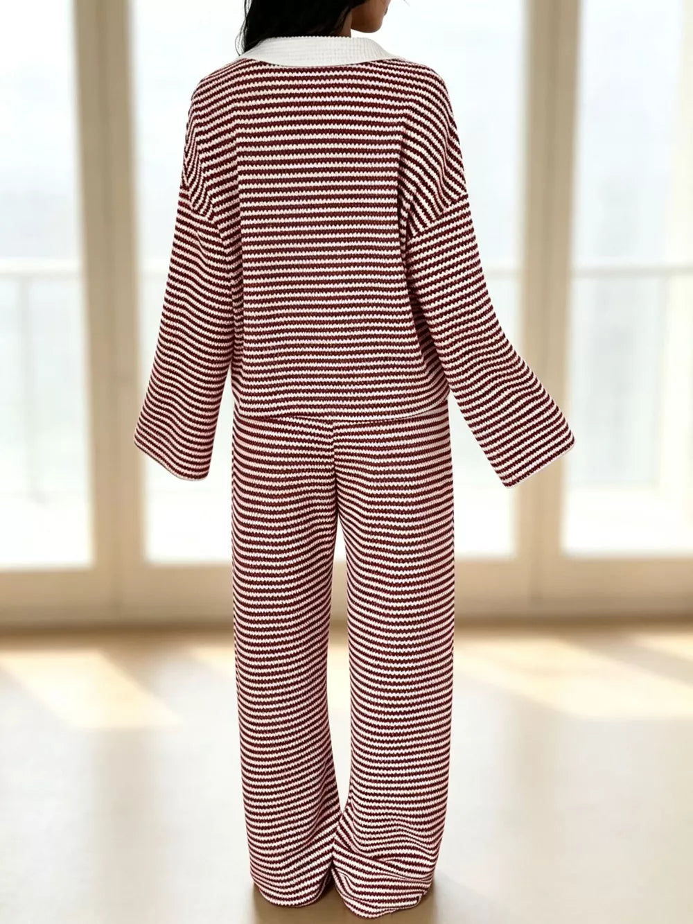 Striped Long Sleeve Polo And Wide-leg Pants Set in Green, back view