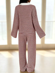 Striped Long Sleeve Polo And Wide-leg Pants Set in Green, back view