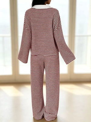 Striped Long Sleeve Polo And Wide-leg Pants Set in Green, back view