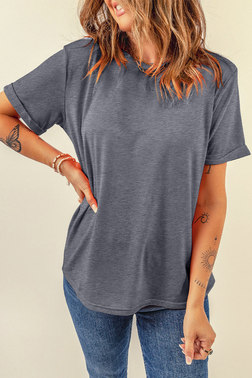 Dark Gray raglan tee with rolled short sleeves and a crew neck.