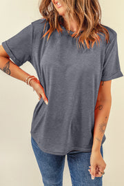 Dark Gray raglan tee with rolled short sleeves and a crew neck.