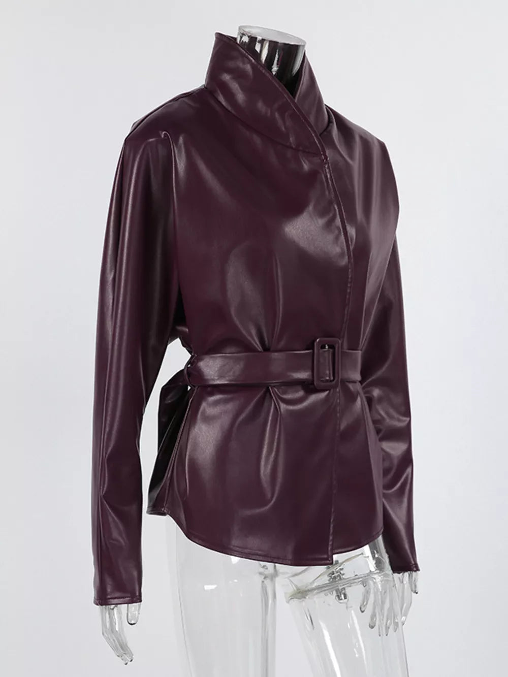 Stand Collar Belted Faux Leather Jacket in Wine Red, view 15