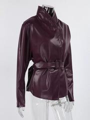 Stand Collar Belted Faux Leather Jacket in Wine Red, view 15
