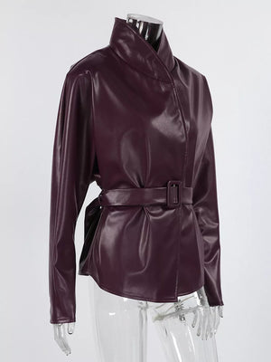 Stand Collar Belted Faux Leather Jacket in Wine Red, view 15
