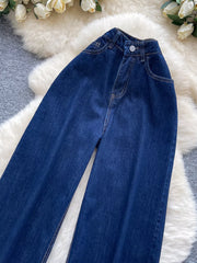 Dark wash maternity jeans with high-rise and wide leg cut in denim.