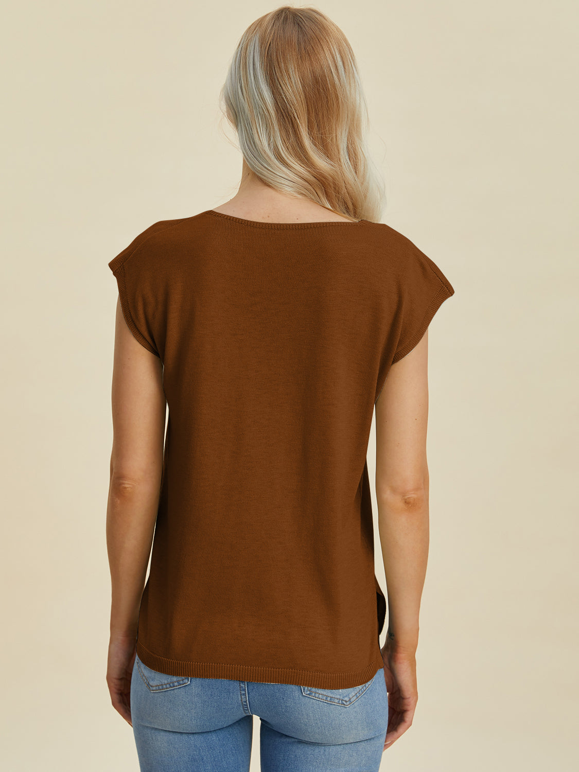 Keyhole neckline knit tee in caramel acrylic with short sleeves and a relaxed fit.