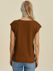 Keyhole neckline knit tee in caramel acrylic with short sleeves and a relaxed fit.