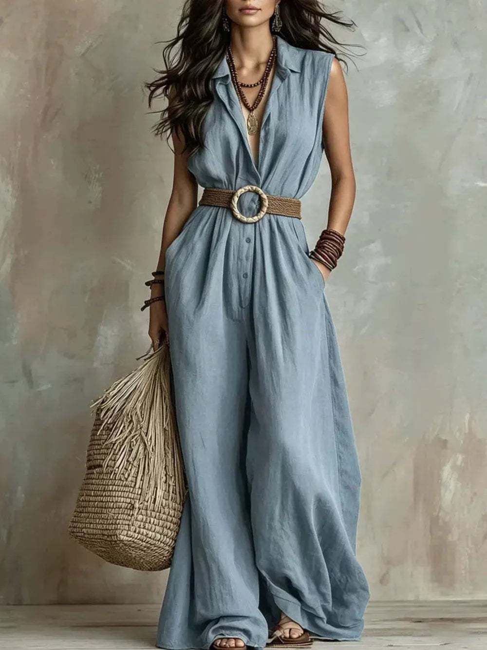 Full Size Sleeveless Wide Leg Jumpsuit Plus Size in White, close-up detail