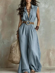 Full Size Sleeveless Wide Leg Jumpsuit Plus Size in White, close-up detail