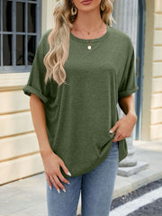 Relaxed fit army green t-shirt with rolled sleeves and crew neck.