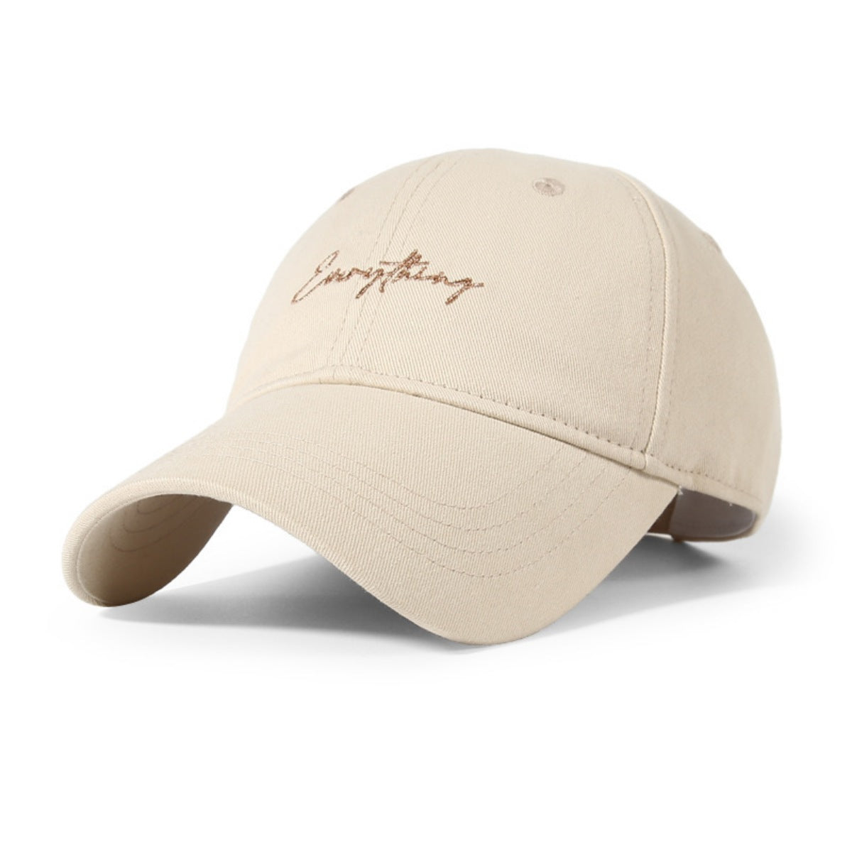 Beige cotton baseball cap with elegant cursive embroidery on the front.