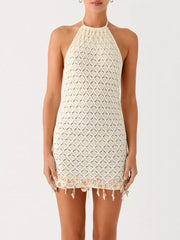 Tassel-trim Openwork Halter Mini Dress