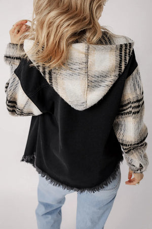 Denim & Plaid Hybrid Hooded Jacket in black with frayed hem and plaid sleeves.