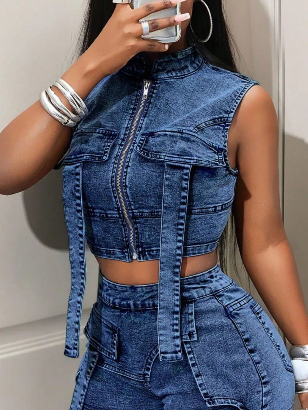 Sleeveless Zip-up Denim Crop Top in Red, close-up detail