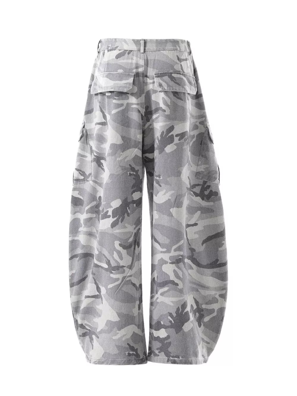 Baggy camo cargo pants in white camouflage with multiple pockets and button fly.