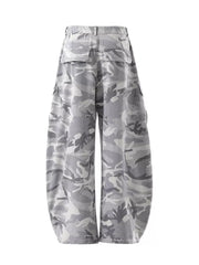 Baggy camo cargo pants in white camouflage with multiple pockets and button fly.