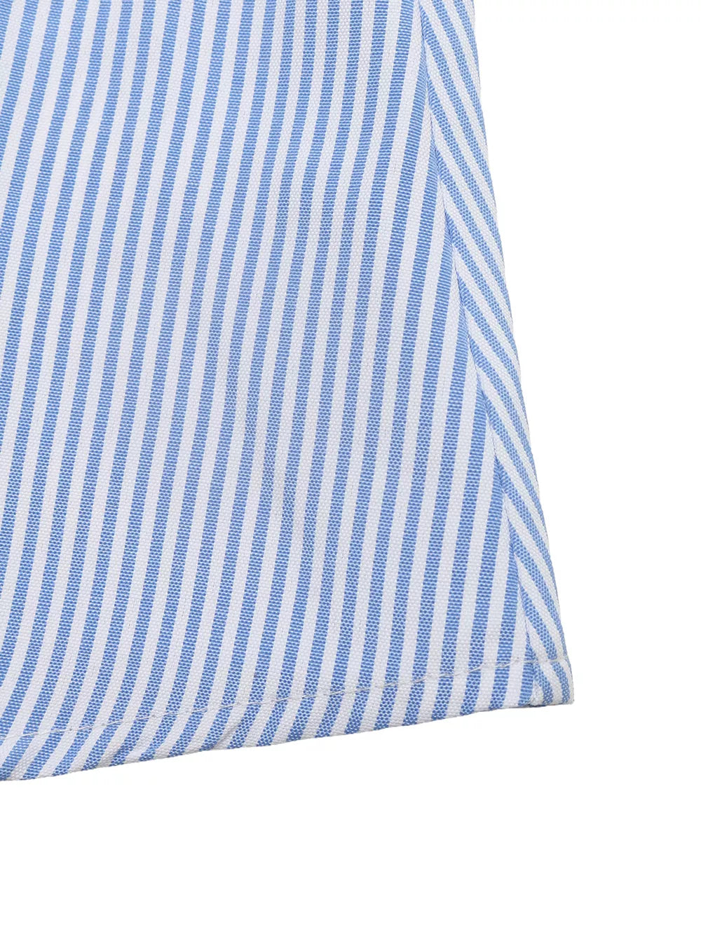 Blue and white striped midi dress with button front detail