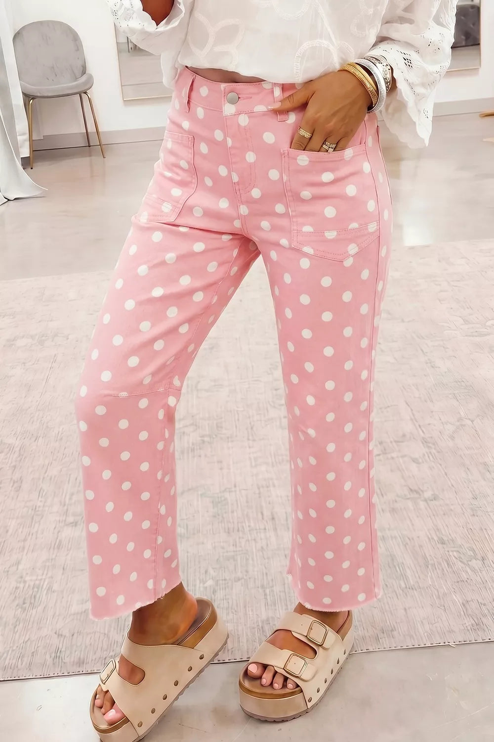 Polka Dot Wide Leg Jeans in Blush Pink, close-up detail