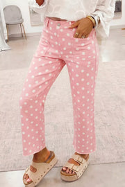 Polka Dot Wide Leg Jeans in Blush Pink, close-up detail