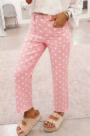 Polka Dot Wide Leg Jeans in Blush Pink, close-up detail