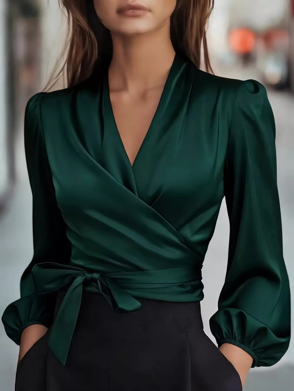 Elegant Satin Wrap Blouse With Bow Detail in Black, fabric detail