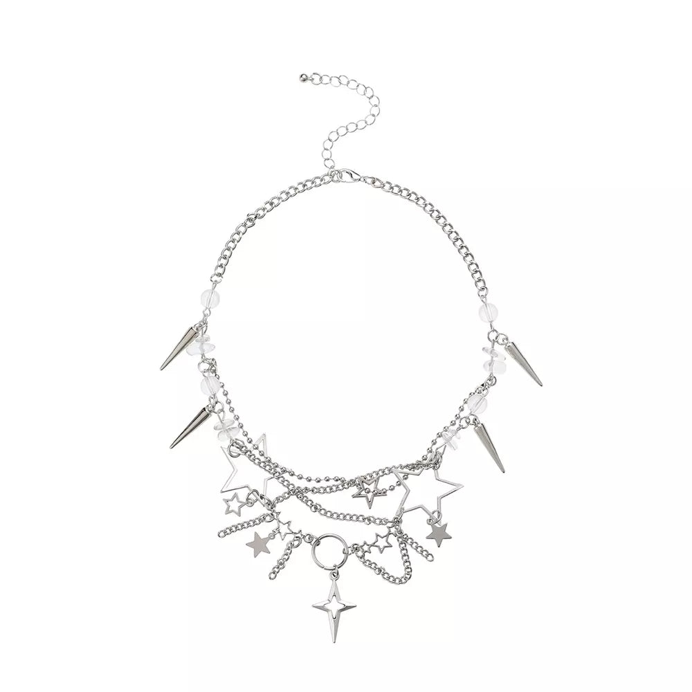 Titanium Steel Gothic Star Cross Choker Necklace in Silver, fabric detail