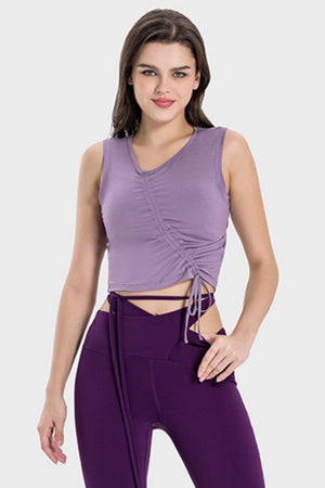 Lavender asymmetric ruched crop tank top with drawstring detail