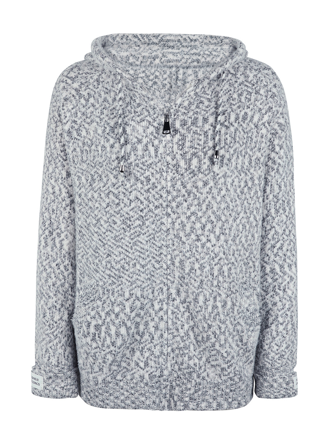 Textured knit zip-up hoodie in charcoal with drawstring hood and logo detail on zipper pull.
