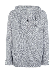 Textured knit zip-up hoodie in charcoal with drawstring hood and logo detail on zipper pull.