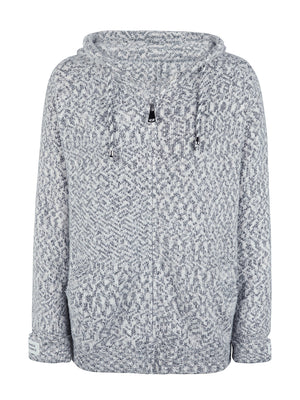 Textured knit zip-up hoodie in charcoal with drawstring hood and logo detail on zipper pull.
