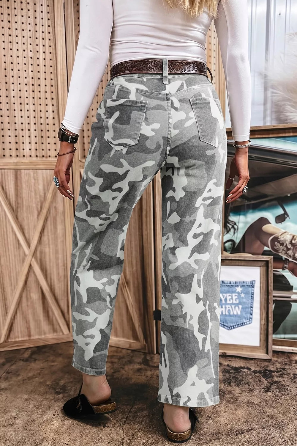 Camo Pattern Cotton Denim Shift Jeans in Sage, model styling view