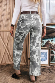 Camo Pattern Cotton Denim Shift Jeans in Sage, model styling view