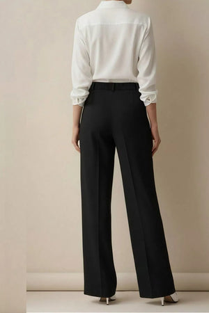 Black high-waisted wide-leg trousers with a belt and creased front.