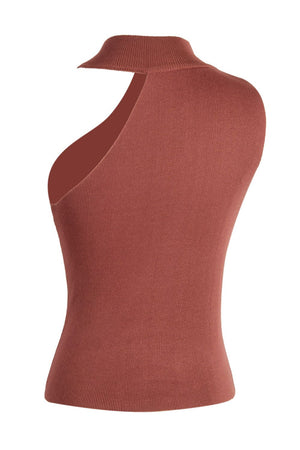 Brick red ribbed knit tank top with asymmetric cut-out and mock neck.