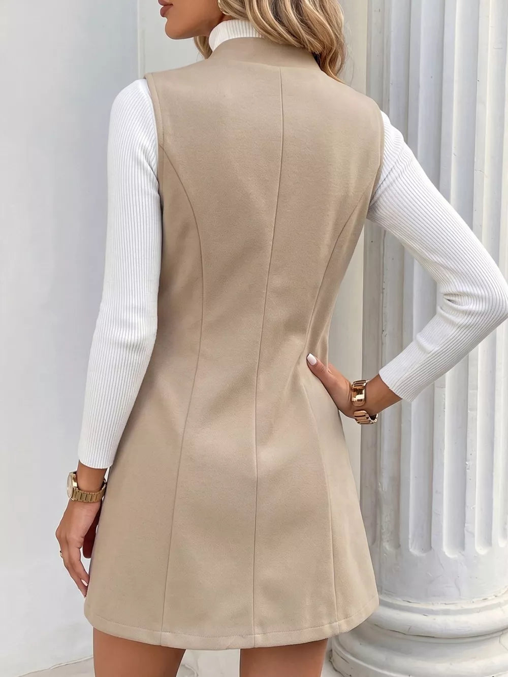 Elegant Button-down Vest Coat in Khaki, fabric detail