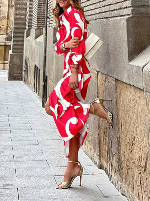 Abstract Print Wrap Midi Dress in Scarlet, fit detail