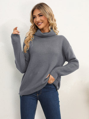 Dark Gray textured knit oversized turtleneck pullover sweater with ribbed detail
