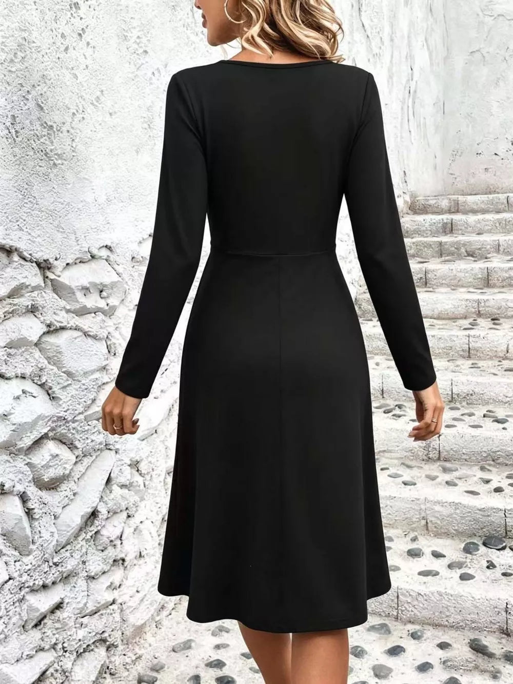Surplice Long Sleeve Midi Dress in Black, close-up detail