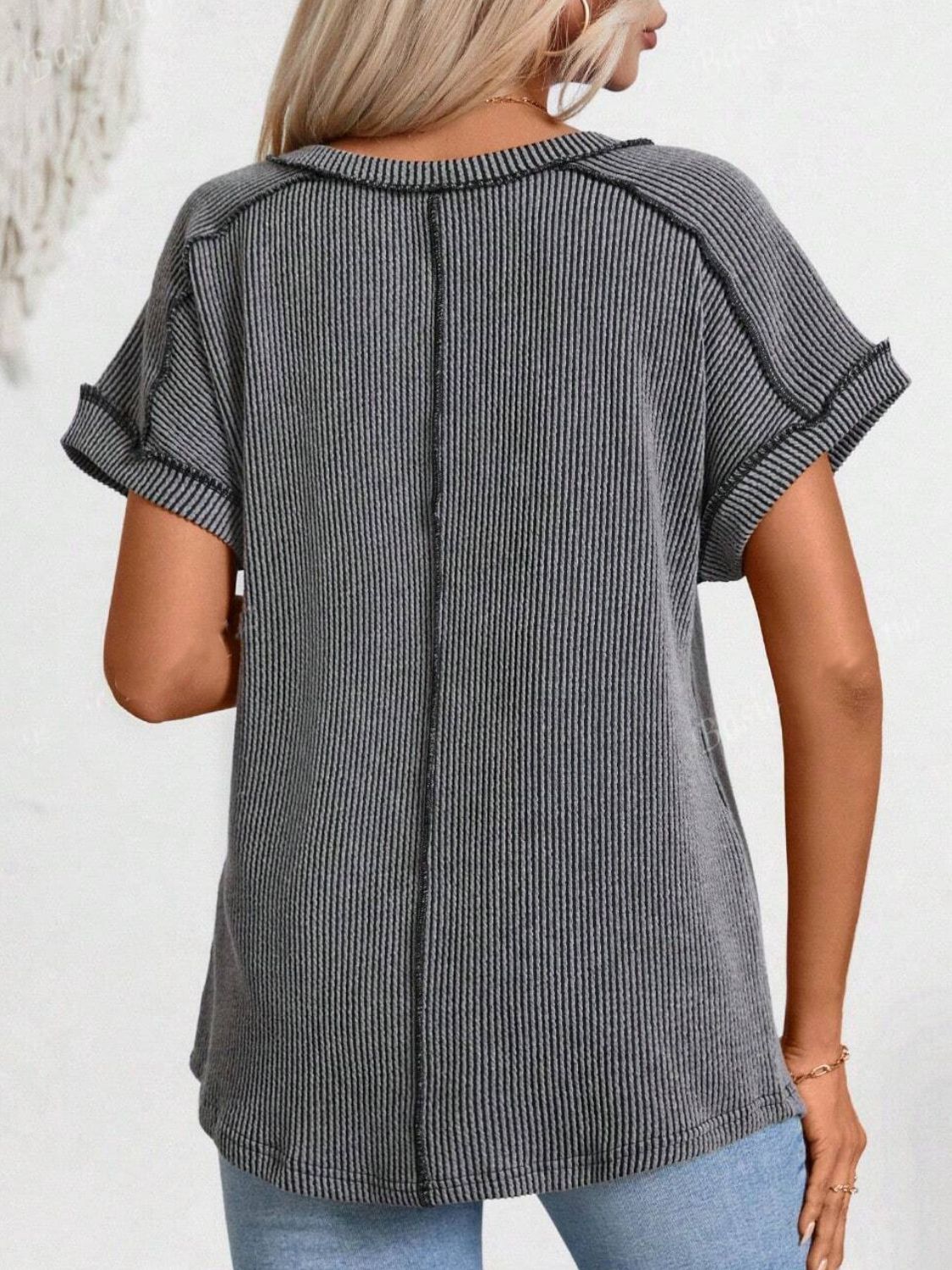 Dark Gray ribbed V-neck tee with contrast stitching and short sleeves.