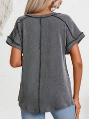 Dark Gray ribbed V-neck tee with contrast stitching and short sleeves.