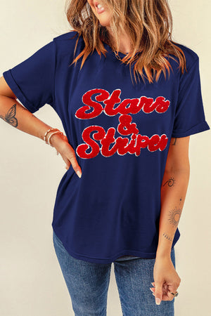 Dark blue cotton blend t-shirt with red varsity-style "Stars & Stripes" graphic.