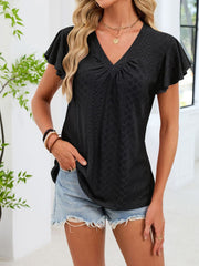 Black flutter sleeve ruched v-neck t-shirt with eyelet detail.