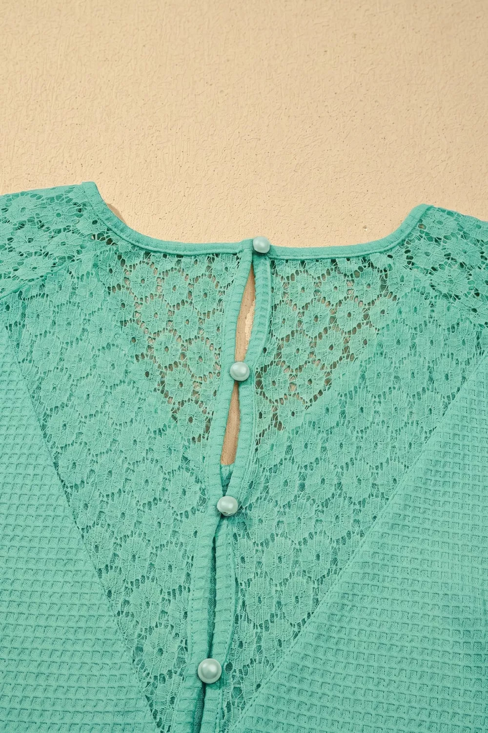 Teal waffle knit shirt with lace yoke and button detail